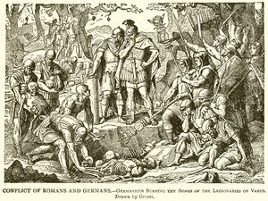 Konflikt mellom romere og tyskere.--Germanicus begraver beinene til legionærene til Varus av English School
