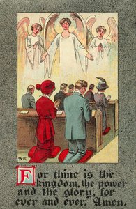 Menighet som resiterer Herrens bønn (farge litho) av English School