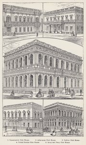 Konservative klubbhus, Athenaeum klubbhus, Carlton klubbhus, United Service Club House, Army and Navy Club House (gravering) av English School