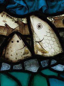 Bevart del fra Great East Window ved York Minster: «Skapelsen tilber lammet» av English School
