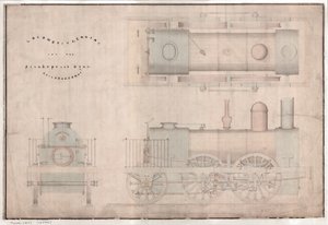 Konstruksjonstegning, 0-4-2 lokomotiv og tender av R. og W. Hawthorn and Co. for Stanhope and Tyne Railway Co. av English School