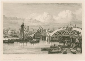 Bygging av den nye London Bridge, 26. juli 1827 av English School