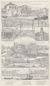 Convent Garden Market, Corn Exchange, Billingsgate Market, Coal Exchange, East India Docks, St Katherine Docks, Victoria Docks, West India Docks, London Docks (gravering) av English School
