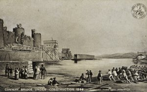 Conway Bridge under bygging, 1848 av English School