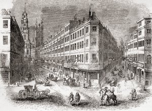Cornhill, The Exchange og Lombard Street, London, England på midten av 1800-tallet, fra Old England: A Pictorial Museum, pub. 1847 av English School