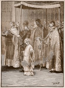 Kroning av Richard i Westminster Abbey: prosesjonen langs midtgangen, illustrasjon fra Cassells Illustrated History of England (sepiafoto) av English School