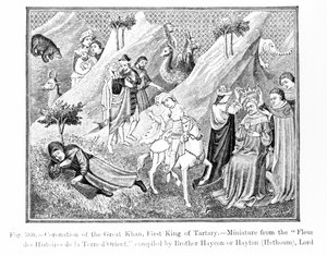 Kroningen av den store Khan (Kublai Khan) (1214-94) Tartaras første konge, fra Fleur des Histoires de la Terre dOrient, satt sammen av Hayton (d.1271), illustrasjon fra Science and Literature i t. av English School