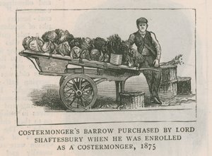 Costermongers barrow kjøpt av Lord Shaftesbury da han ble registrert som en costermonger, 1875 av English School
