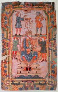 Cott Tib C VI f.30v David spiller sin harpe, fra Tiberius Psalter, Winchester, c.1050 (vellum) av English School