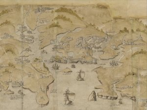 Bomull Augustus I. i. 38 Kart over kysten mellom Fowey og Salcombe, inkludert Plymouth. En del av et panoramakart over kysten fra Lands End til Exmouth, ca. 1539 (blekk og farge på vellum) av English School