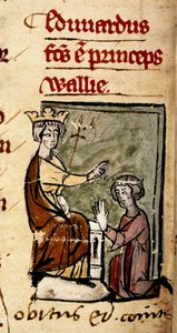 Cotton Nero D. II, f.191v Edward av Caernarvon (Edward II) opprettet Prince of Wales og Earl of Chester av sin far, kong Edward I, i Lincoln-parlamentet, 7. februar 1301, fra 