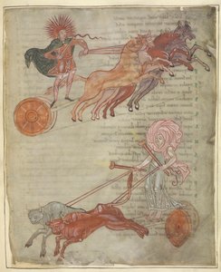 Cotton Tiberius B.V, del 1, f.47 Solens og månens vogner, illustrasjon fra 