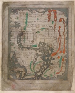 Cotton Tiberius B.V, del 1, f.56v The Tiberius Map, Mappa Mundi (vellum) av English School