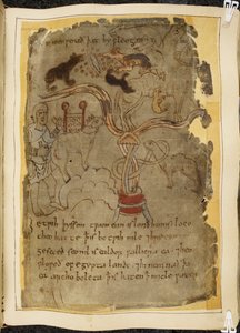 Cotton Vitellius A. XV, f.101r, Tre hundelignende maur som angriper en bundet kamel, mann i tunika, illustrasjon fra Beowulf, fra 
