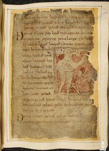 Cotton Vitellius A. XV f.104r, A panotii, dvs. en mann med ører som stikker ut på stilkene, holder en gjenstand som ser ut som en bue, illustrasjon fra Beowulf, fra 