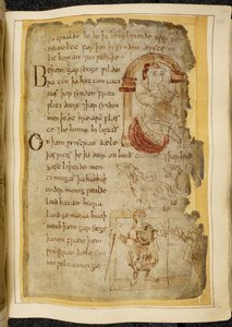 Cotton Vitellius A. XV f.106r, En mann som sitter på en pute under en bue; to catini, åpne munndyr som hunder; en kledd mann med en stav som strekker ut hånden til en annen mann, illustrasjon fra Beowulf, fra 