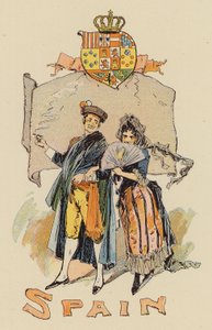 Par i spansk drakt (farge litho) av English School