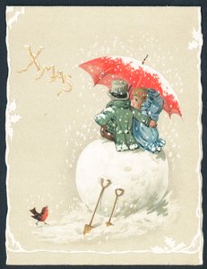 Par sitter på gigantisk snøball, julekort av English School