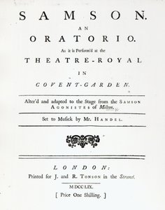 Omslag til Sheet Music for Samson, et oratorium av Handel, utgitt i 1759 av English School