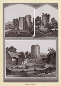 Crickhowel Castle; Bronllys Castle nær Talgarth; Castle Tretower (litho) av English School