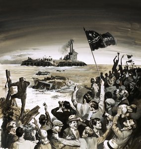 Folkemengder som jubler og vifter med flagg ved havet til en annen gruppe flaggviftende av English School