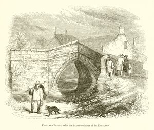 Croyland Bridge, med den saksiske skulpturen til St. Ethelred (gravering) av English School