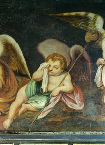 Gråtende kjerub, detalj av frisen i himmelrommet (olje på lerret) av English School