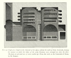 Krypten av et kapell i Catacomb of St Agnes, uten Romas murer (restaurert), som viser måten de tidlige kristnes kropper ble arrangert over hverandre (gravering) av English School
