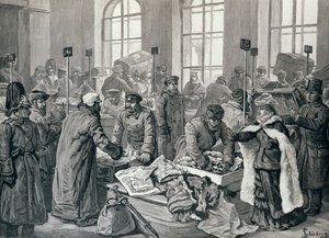 Tollbetjenter som undersøker passasjerers bagasje fra Tyskland, ved Wirballen, på den russiske grensen, fra 'The Illustrated London News', 29. januar 1887 av English School