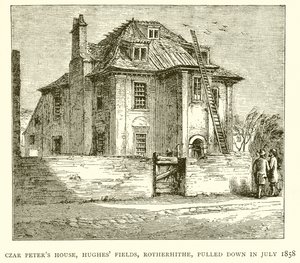 Haus von Zar Peter, Hughes Fields, Rotherhithe, abgerissen im Juli 1858 von English School