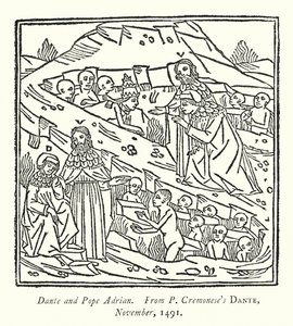 Dante og pave Adrian, Fra P Cremonese's Dante, november 1491 (gravering) av English School
