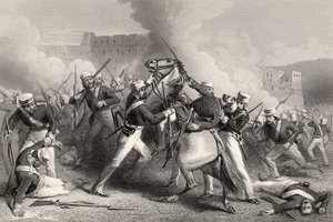 Brigadier Adrian Hopes død i angrepet på Fort of Roodmow, 15. april 1858, fra "The History of the Indian Myttery" publisert i 1858 av English School
