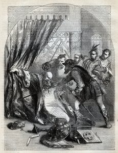 Cardinal Beatons død, 29. mai 1546 - Kardinal David Beaton (c1494-1546), erkebiskop av St. Andrews, myrdet under den skotske reformasjonen - gravering fra "" History of England"" av Cassell Petter & Galpin, London (1890) av English School