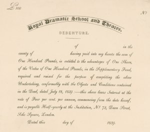 Obligasjonsbrev for Royal Dramatic School and Theatre, 73 Dean Street, Soho Square, London av English School