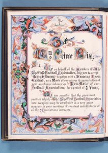Dedikasjon fra en adresse presentert av Sheffield Football Association til William Pierce-Dix i anledning av hans pensjonering som sekretær, 1882 (blekk på papir) (se også 315163) av English School