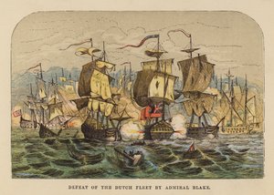 Nederlag av den nederlandske flåten av admiral Blake (farget gravering) av English School