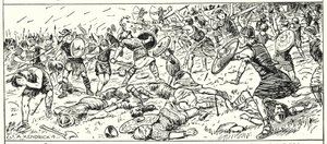 Vestsaksernes nederlag ved Mount Budon, Somerset, AD 500 (litografi) av English School