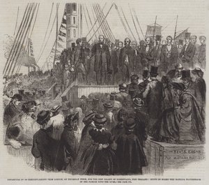 Avgang for 800 ikke-konformister fra London, torsdag uke, til New Colony of Albertland, New Zealand, scene om bord på Matilda Wattenbach på hennes passasje nedover elven (gravering) av English School