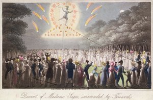 Descent of Madame Saqui, omgitt av fyrverkeri, utgitt av Thomas Kelly (fl.1820-55) London av English School