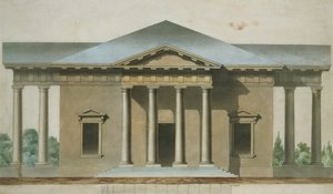 Design for en toskansk dorisk hagepaviljong, ca. 1830 (wc og penn og blekk på papir) av English School