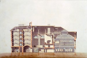 Design for Stag Brewhouse, original manuskripttegning fra kontoret til George Saunders, ca. 1807 (blyant, wc og penn og blekk på papir) av English School