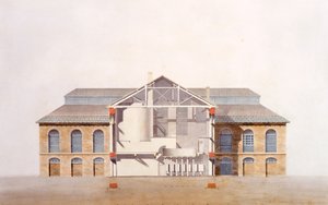 Design for Stag Brewhouse, original manuskripttegning fra kontoret til George Saunders, ca. 1807 (blyant, wc og penn og blekk på papir) av English School
