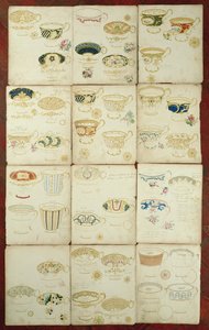 Design for tekopper produsert på Daniel Factory, Staffordshire, ca. 1845 (gouache, wc og blekk på papir) av English School