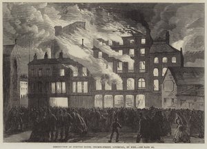 Ødeleggelse av Compton House, Church-Street, Liverpool, ved brann (gravering) av English School