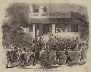 Ødeleggelse av en bungalow ved Meerut (gravering) av English School