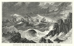 Ødeleggelse av skip fra Armada på kysten av Irland (gravering) av English School