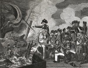 Ødeleggelse av våpenbåtene før Gibraltar, gravert av H.Cook, 1816 av English School