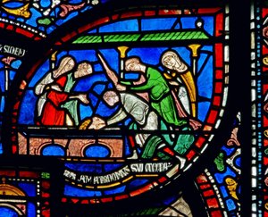 Detalj fra Miracle Window som viser Richard Sunieves historie av English School