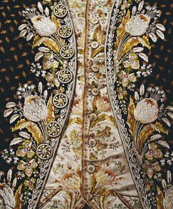 Detalj av en herres heldress, bestående av frakk, vest og knebukser, 1780-90-tallet av English School