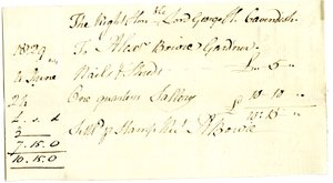 Devonshire MSS AS 3101, folio fra en bunt med sedler oppgjort av Pinder Simpson for Lord George Cavendish, inkludert Alexander Bowies regning av English School